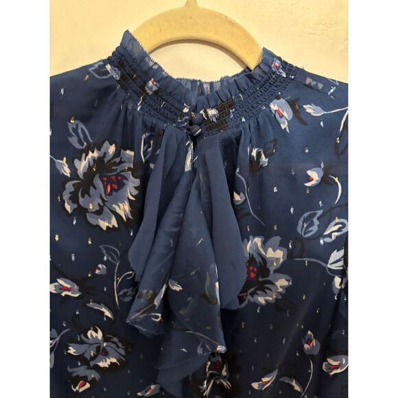 White House Black Market Floral Ruffle Neck Blouse Size 8 Blue Keyhole Long Slee - Picture 6 of 8